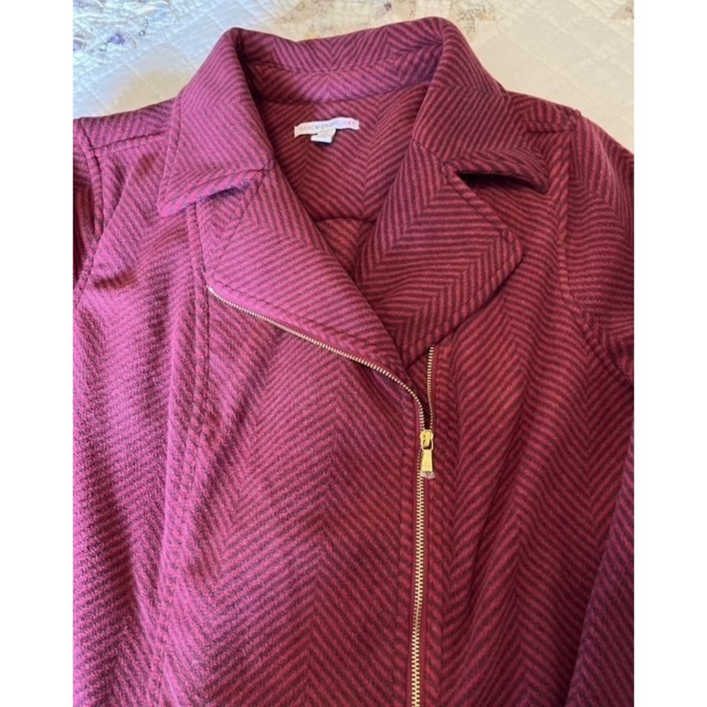 Isaac Mizrahi Live Full Zip Moto Fleece Jacket shirt 3X Burgundy Striped NWOT - Picture 2 of 14